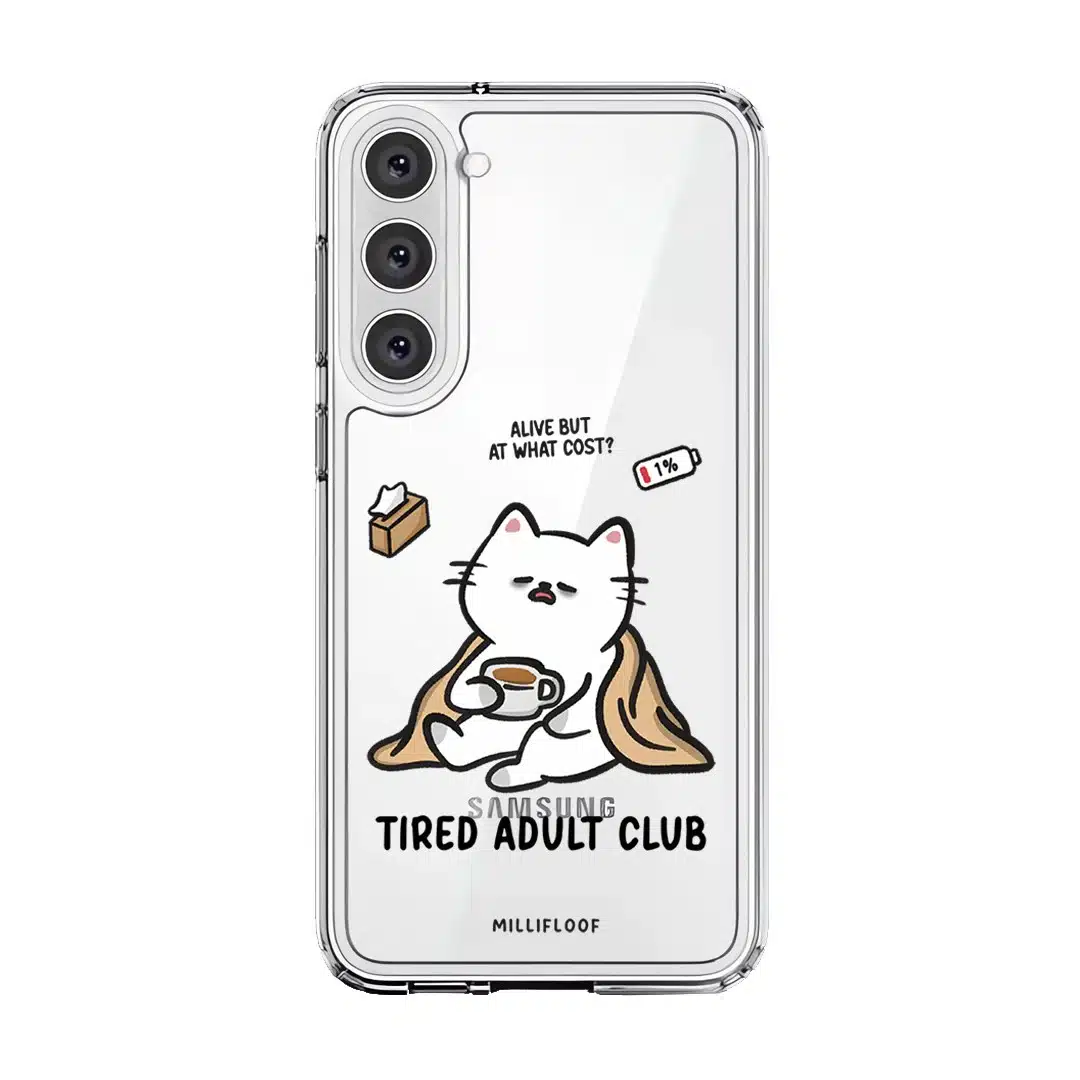 Tired Adult Club phone case by Millifloof, a white cat lying across a croissant