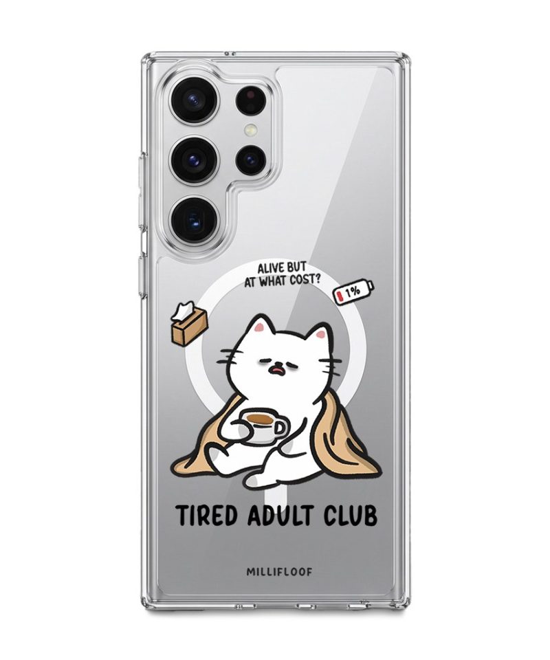 Tired Adult Club phone case by Millifloof, a white cat lying across a croissant