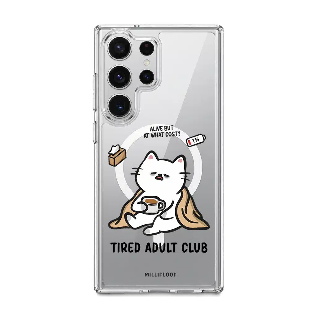 Tired Adult Club phone case by Millifloof, a white cat lying across a croissant