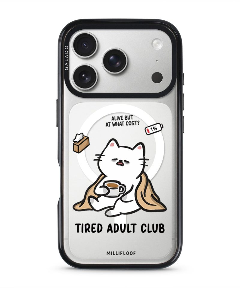 Tired Adult Club phone case by Millifloof, a white cat lying across a croissant