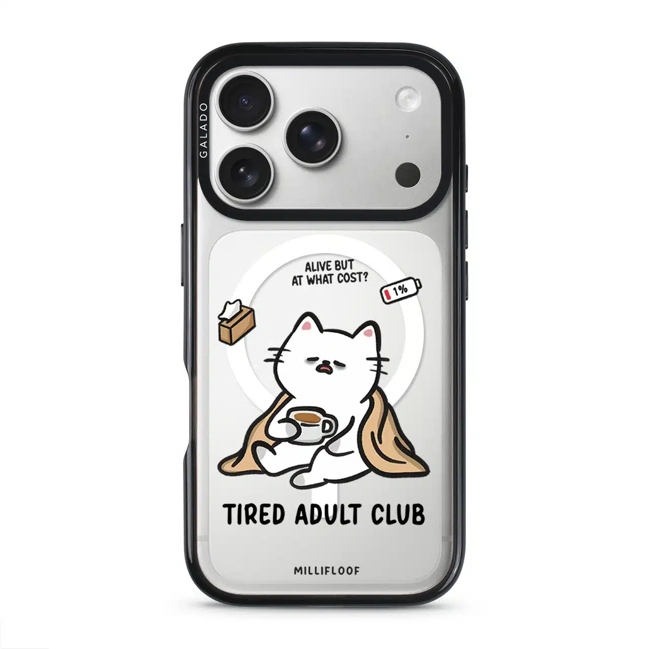 Tired Adult Club phone case by Millifloof, a white cat lying across a croissant