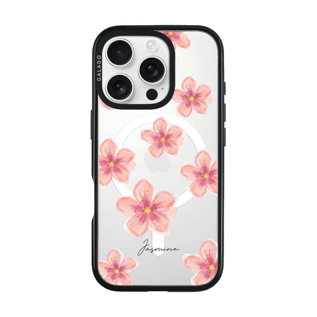 Petal Serenade phone case, soft coral watercolour blooms on a clear case with a personalised script name