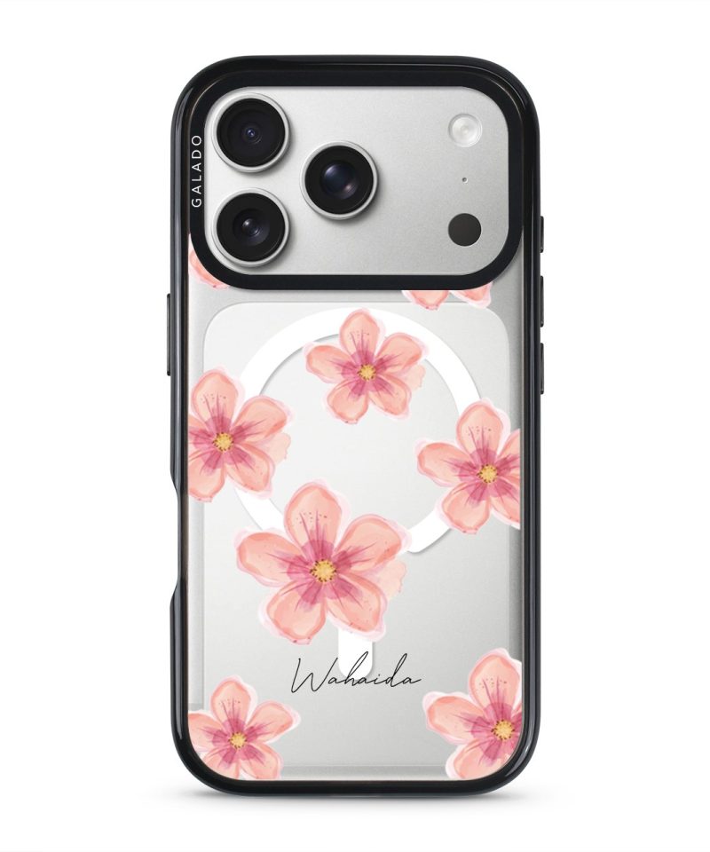 Petal Serenade phone case, soft coral watercolour blooms on a clear case with a personalised script name