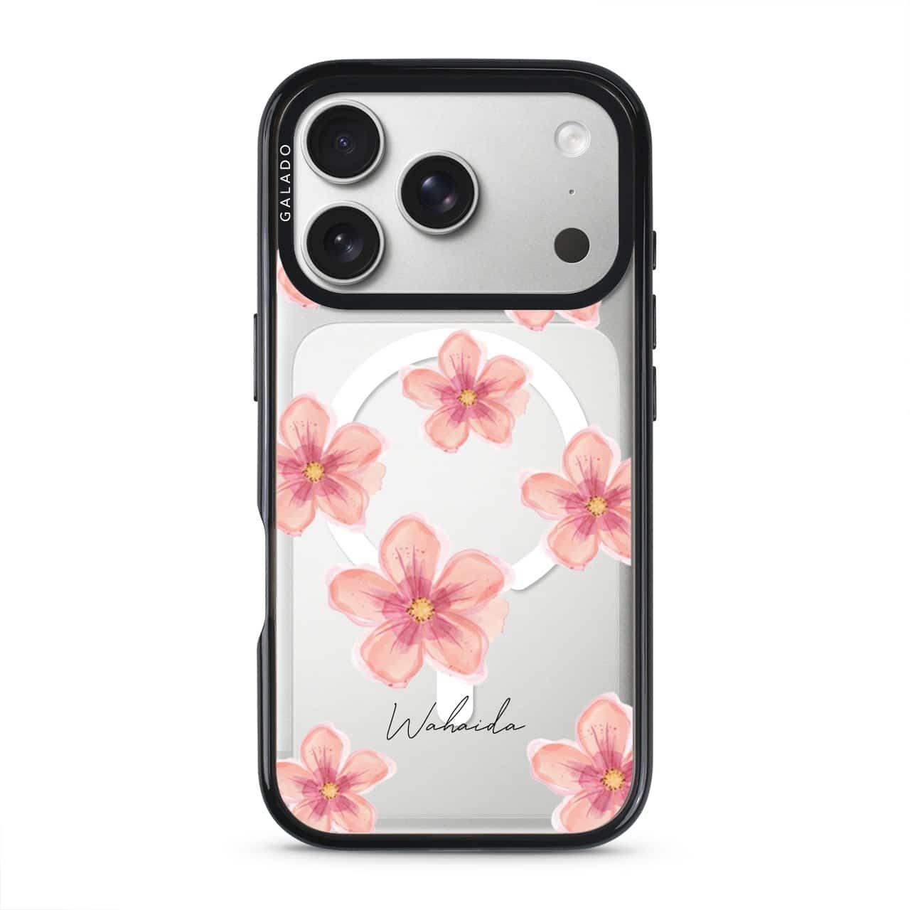 Petal Serenade phone case, soft coral watercolour blooms on a clear case with a personalised script name
