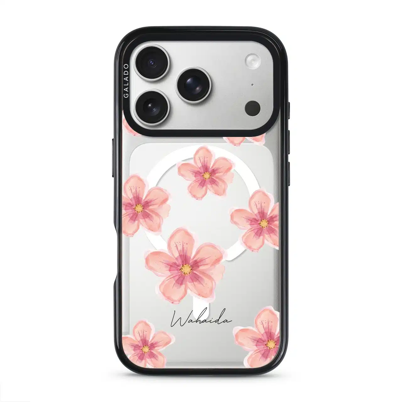 Petal Serenade phone case, soft coral watercolour blooms on a clear case with a personalised script name
