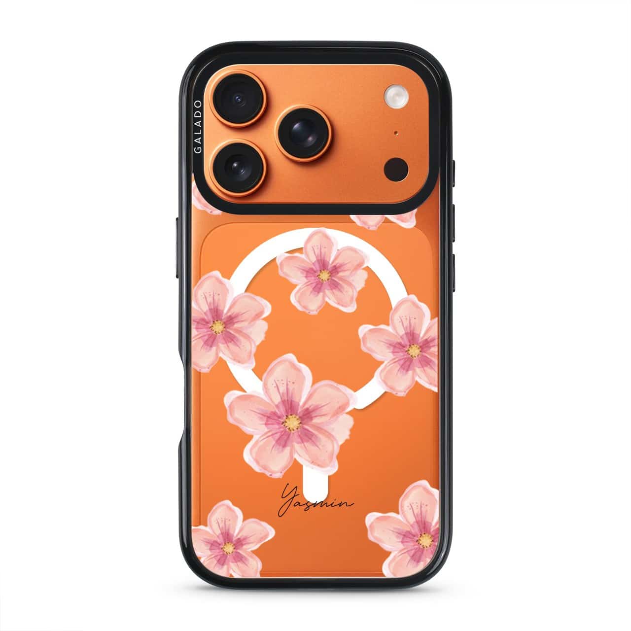 Petal Serenade phone case, soft coral watercolour blooms on a clear case with a personalised script name