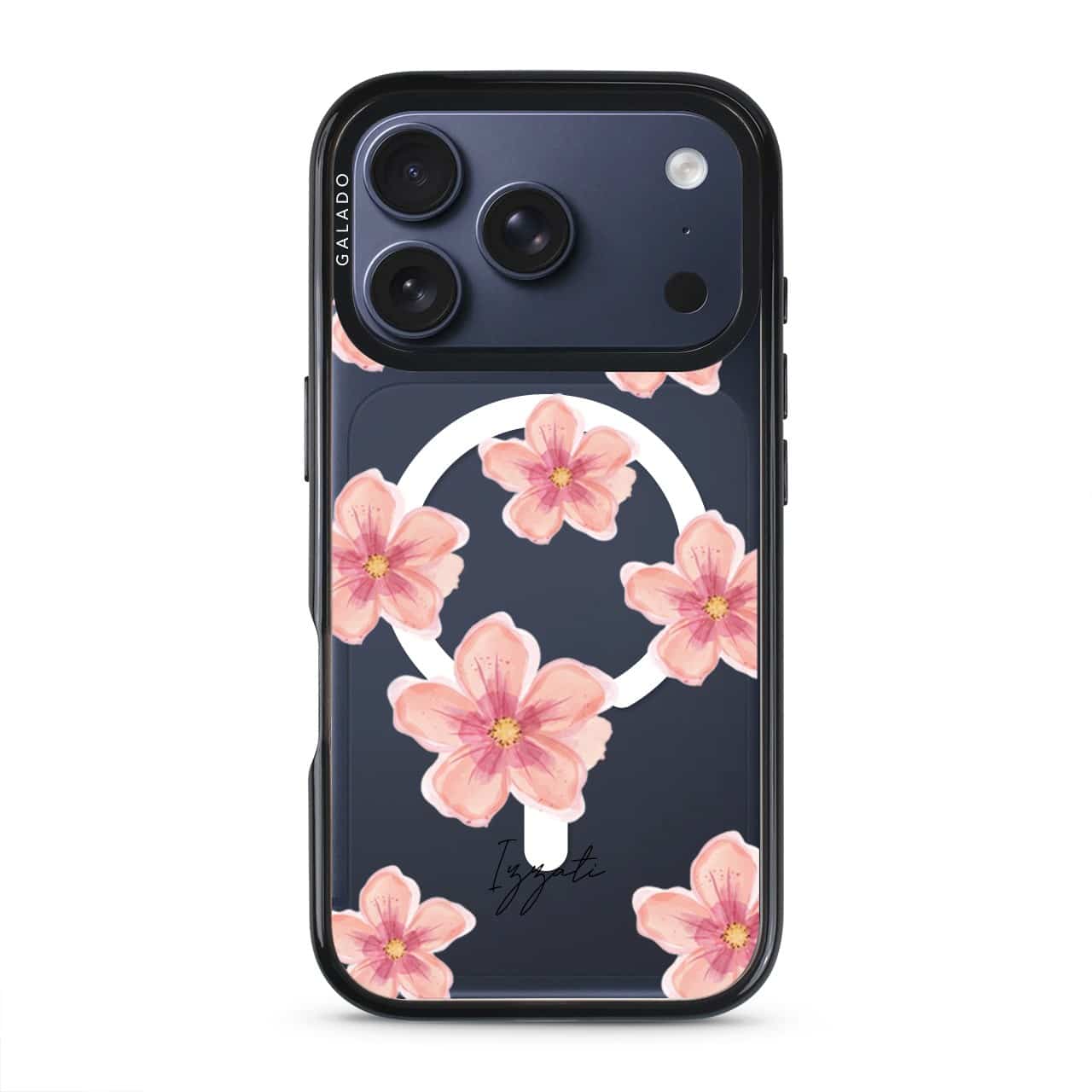 Petal Serenade phone case, soft coral watercolour blooms on a clear case with a personalised script name