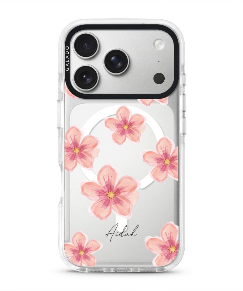 Petal Serenade phone case, soft coral watercolour blooms on a clear case with a personalised script name