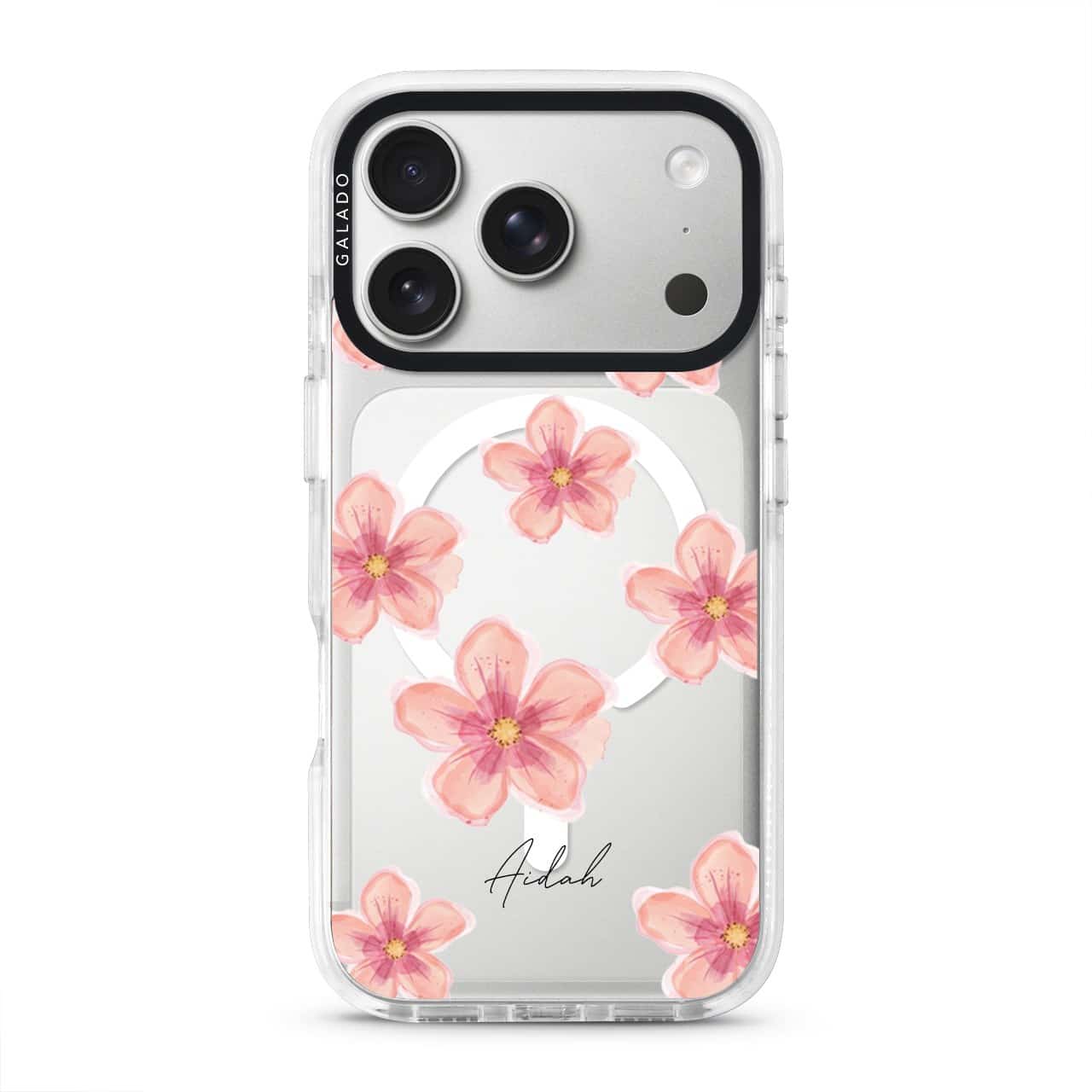 Petal Serenade phone case, soft coral watercolour blooms on a clear case with a personalised script name