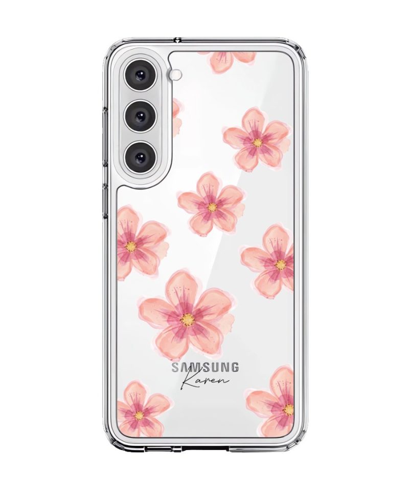 Petal Serenade phone case, soft coral watercolour blooms on a clear case with a personalised script name