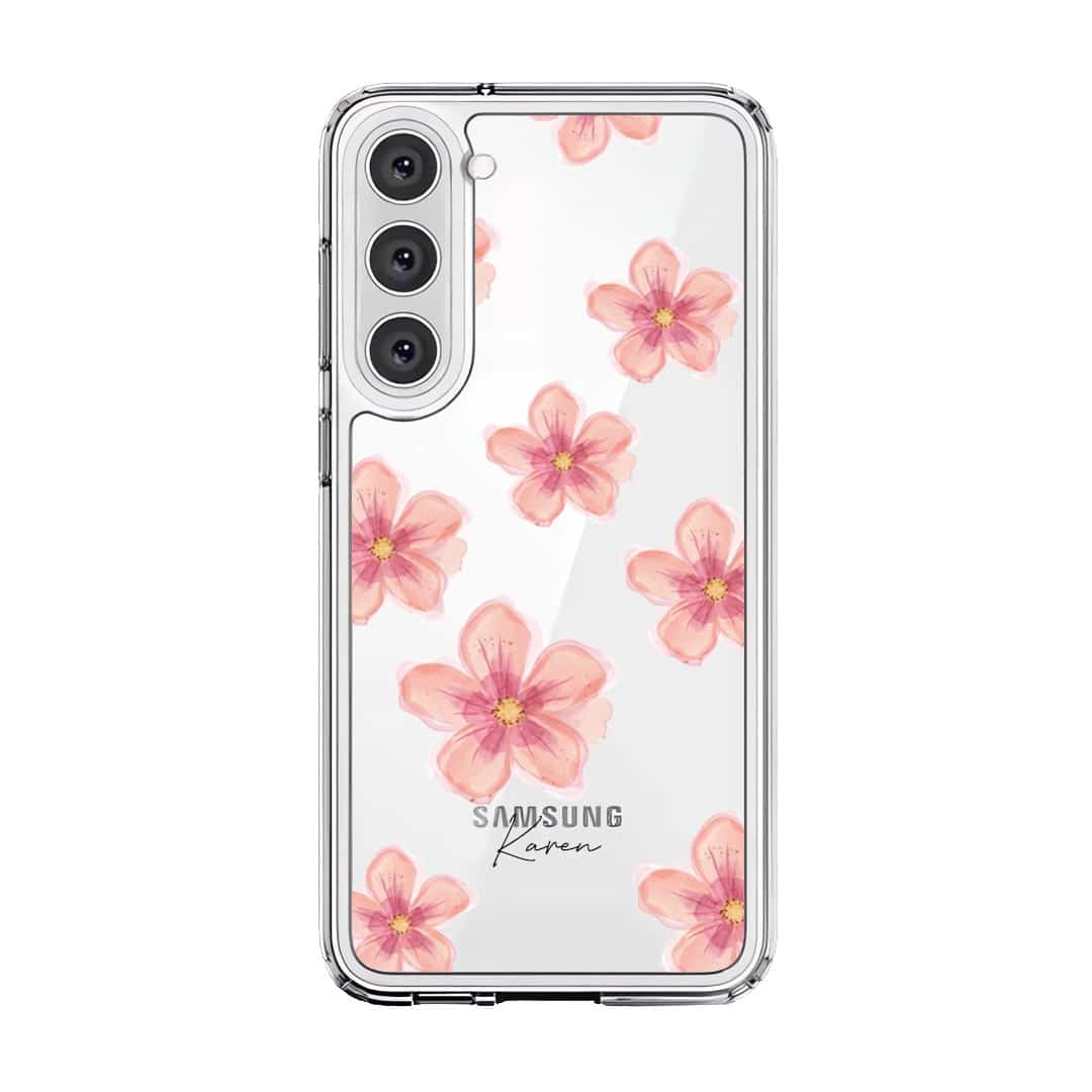 Petal Serenade phone case, soft coral watercolour blooms on a clear case with a personalised script name