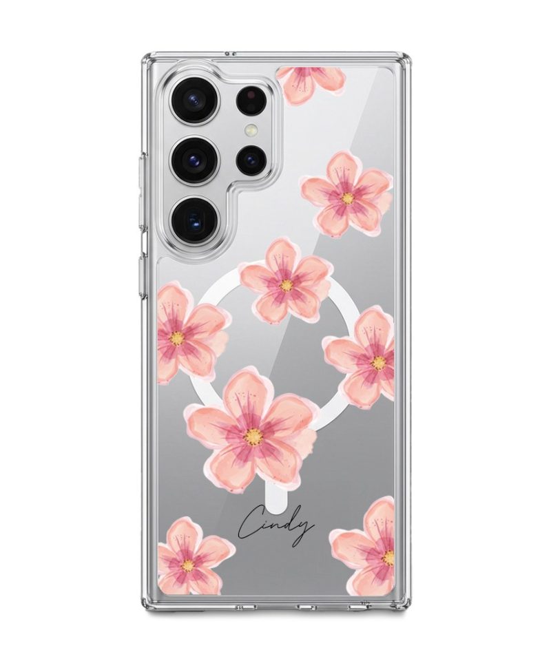 Petal Serenade phone case, soft coral watercolour blooms on a clear case with a personalised script name