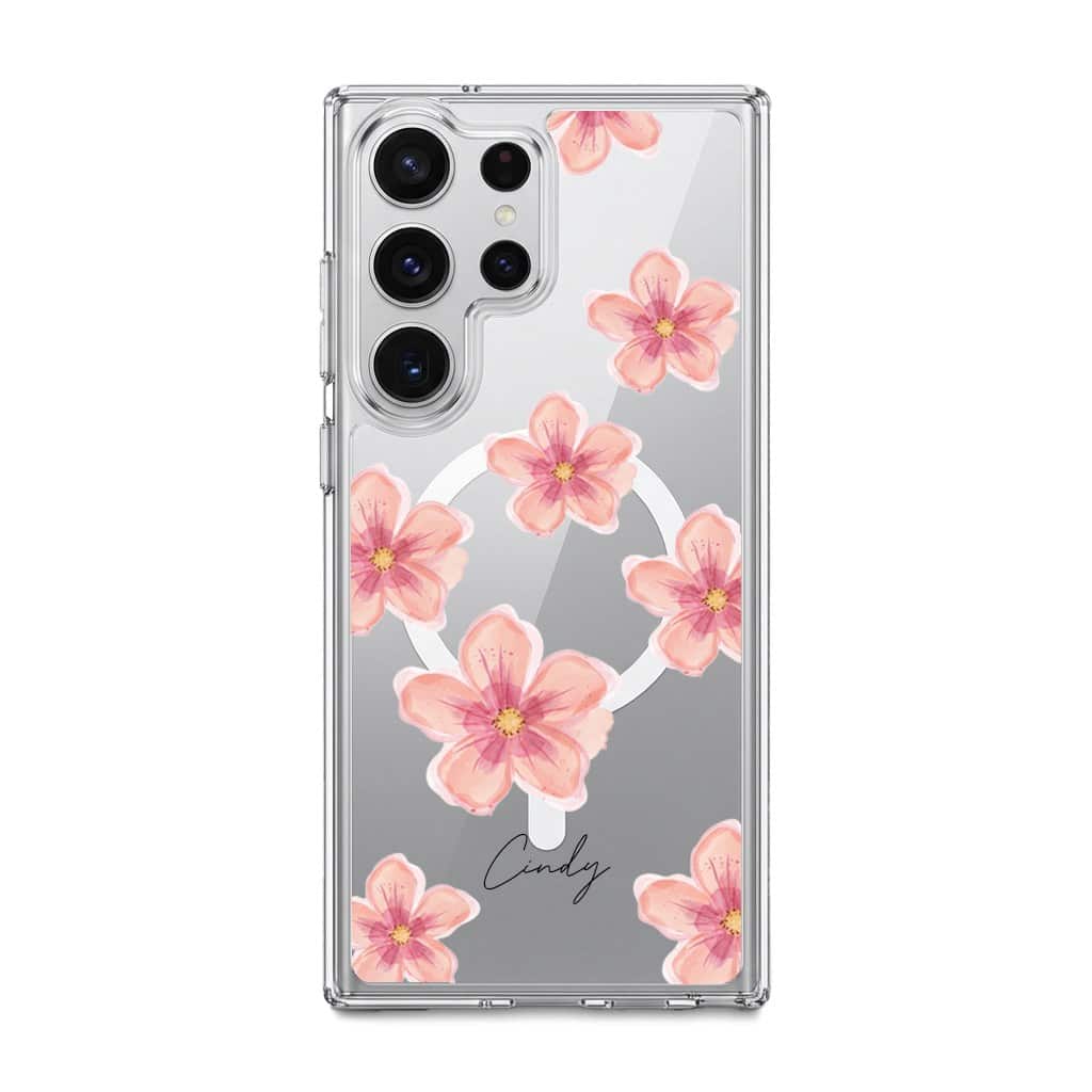 Petal Serenade phone case, soft coral watercolour blooms on a clear case with a personalised script name