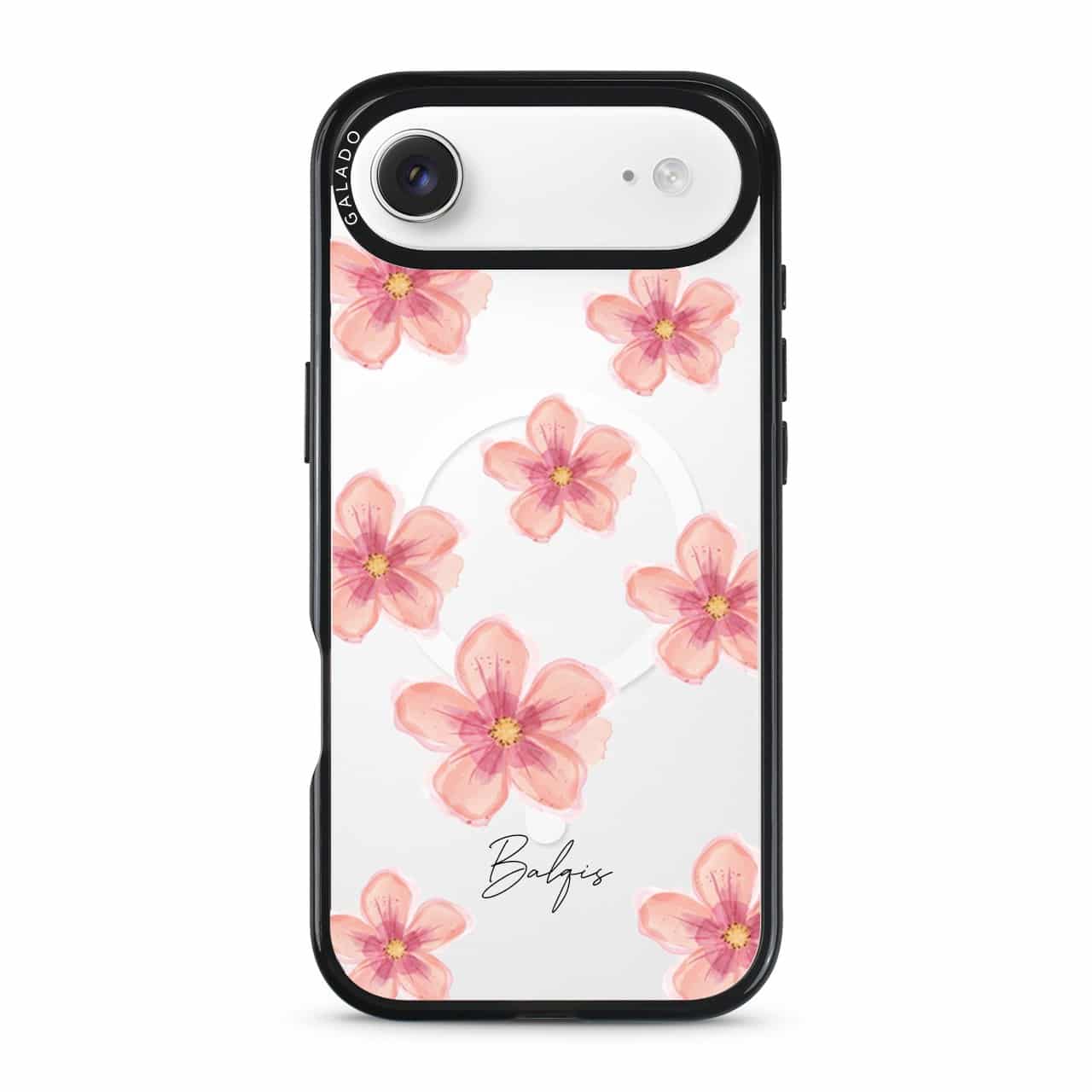 Petal Serenade phone case, soft coral watercolour blooms on a clear case with a personalised script name