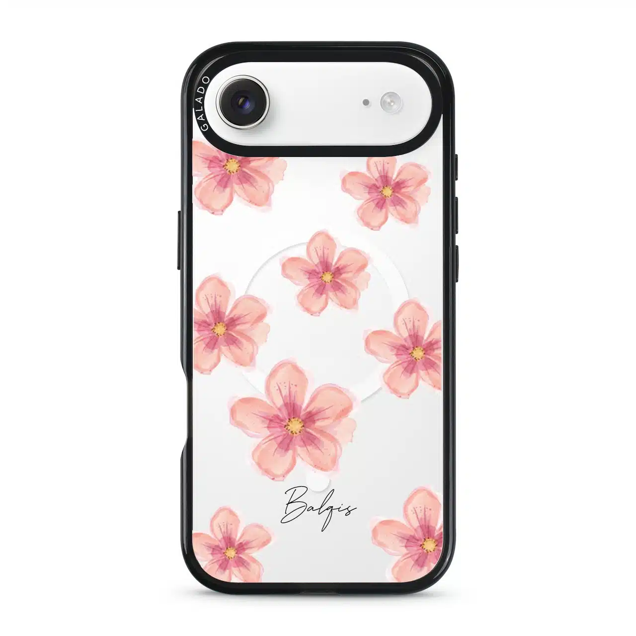 Petal Serenade phone case, soft coral watercolour blooms on a clear case with a personalised script name