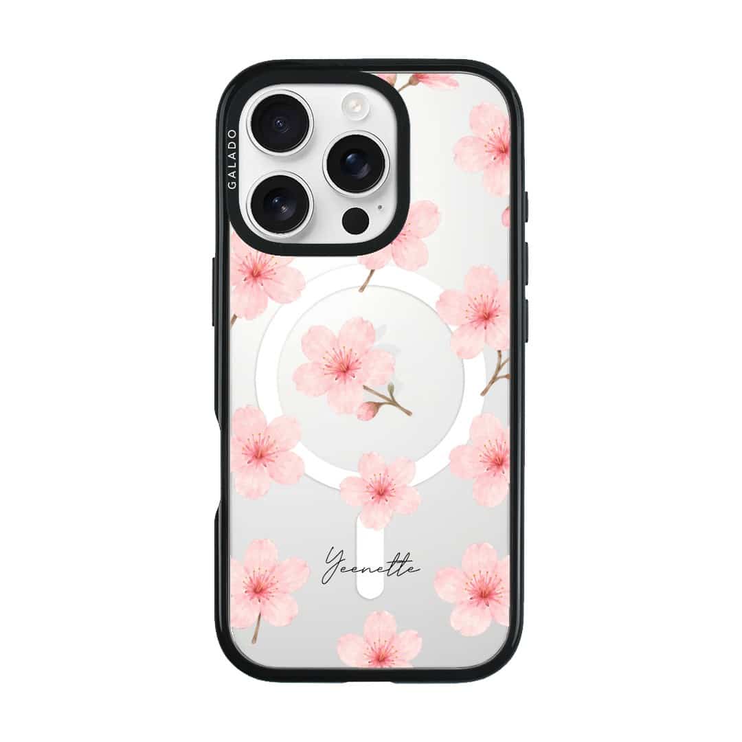 Sakura Whisper phone case, pink cherry blossoms on a clear case with a personalised script name