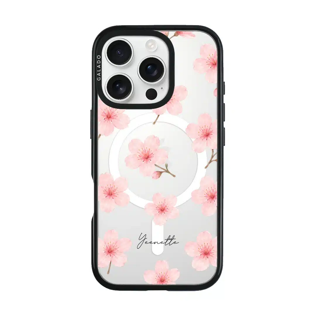 Sakura Whisper phone case, pink cherry blossoms on a clear case with a personalised script name