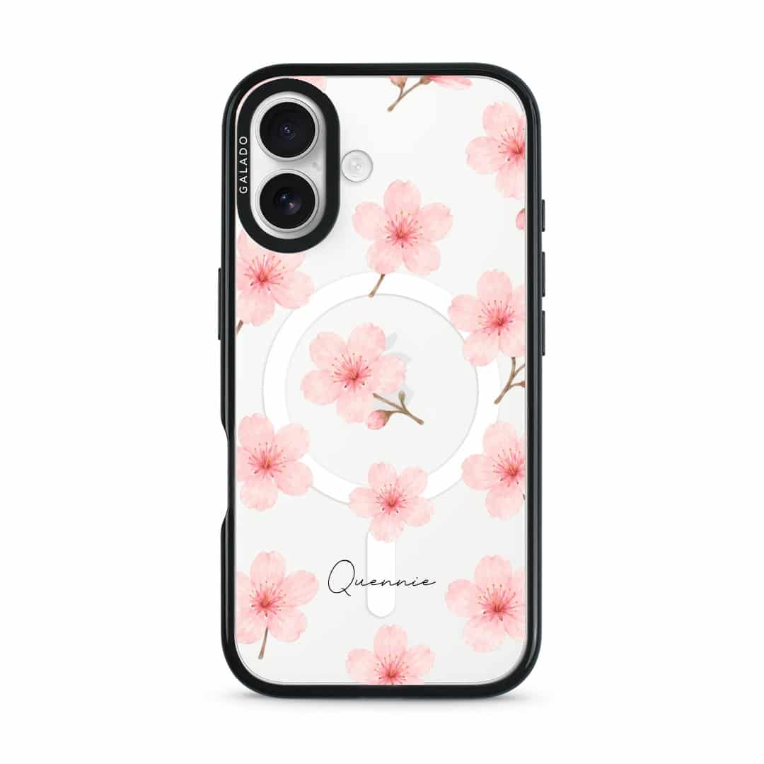 Sakura Whisper phone case, pink cherry blossoms on a clear case with a personalised script name