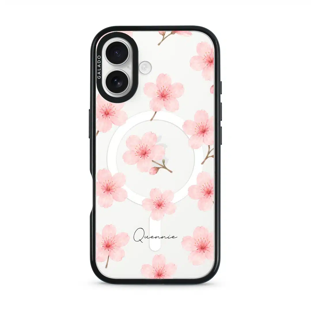 Sakura Whisper phone case, pink cherry blossoms on a clear case with a personalised script name