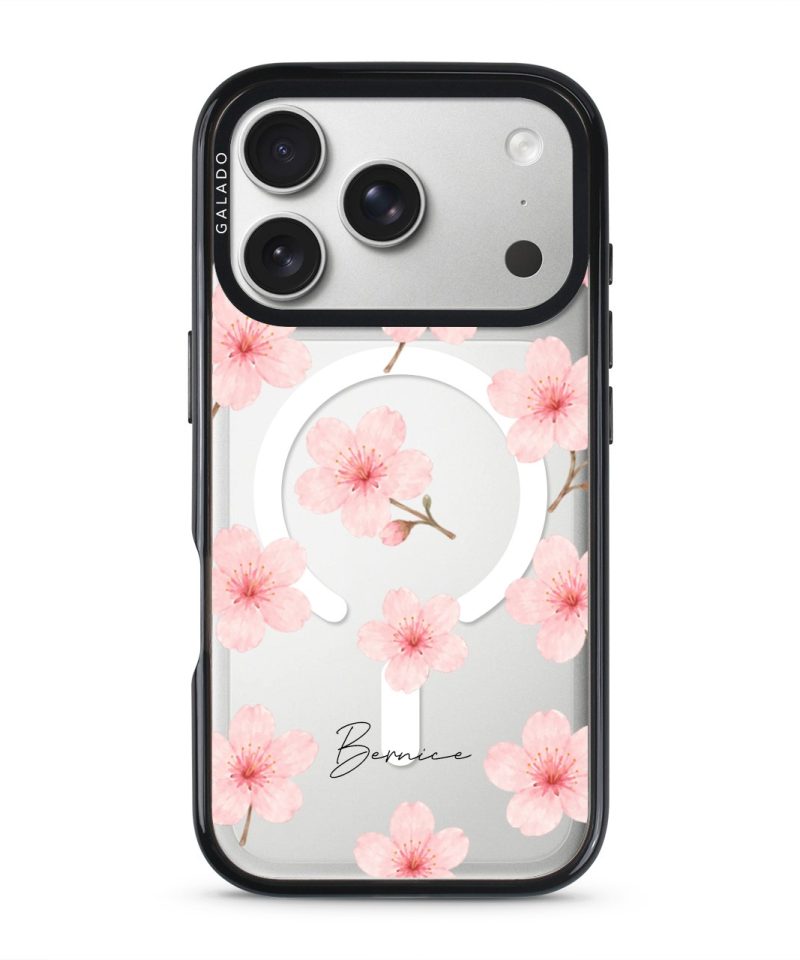 Sakura Whisper phone case, pink cherry blossoms on a clear case with a personalised script name