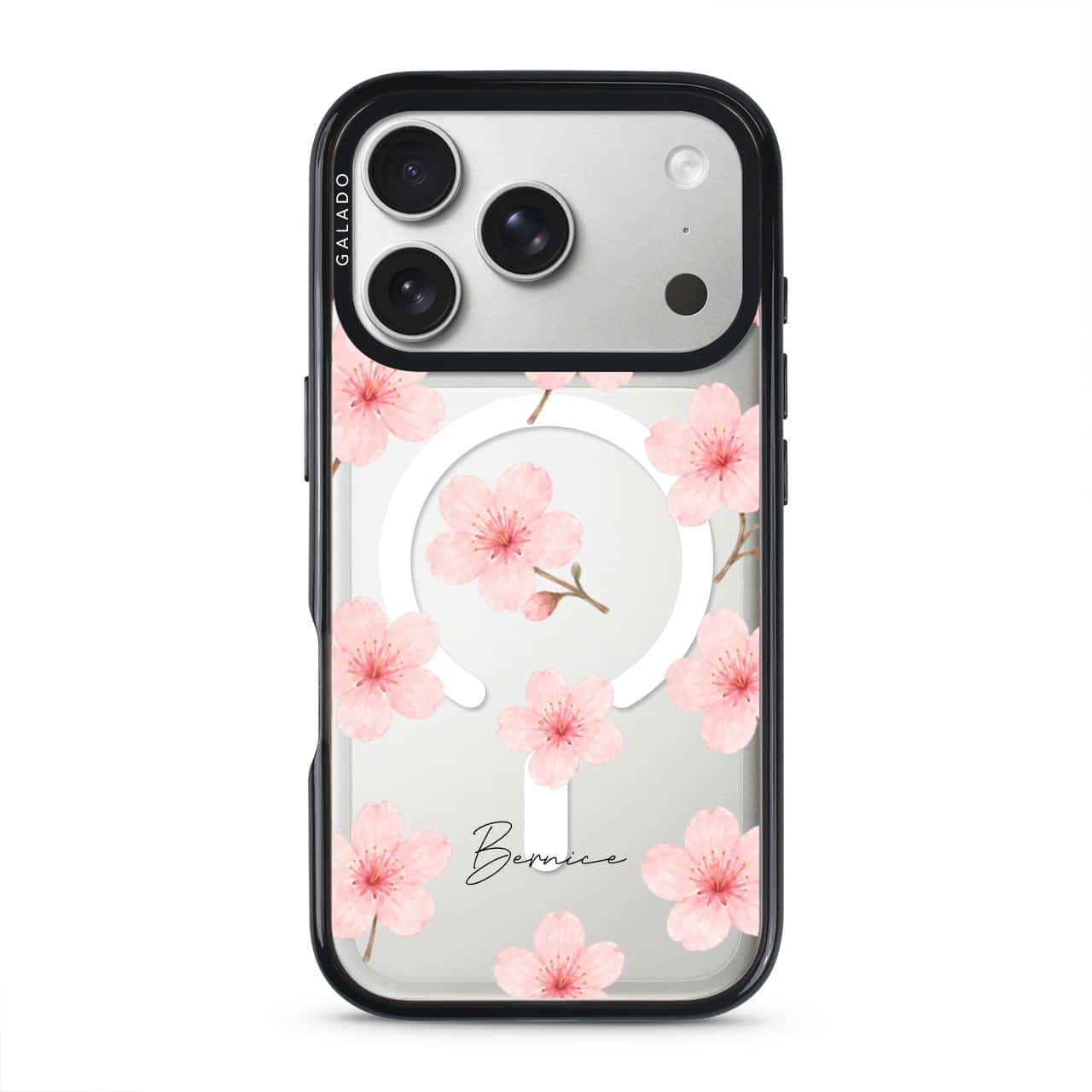 Sakura Whisper phone case, pink cherry blossoms on a clear case with a personalised script name