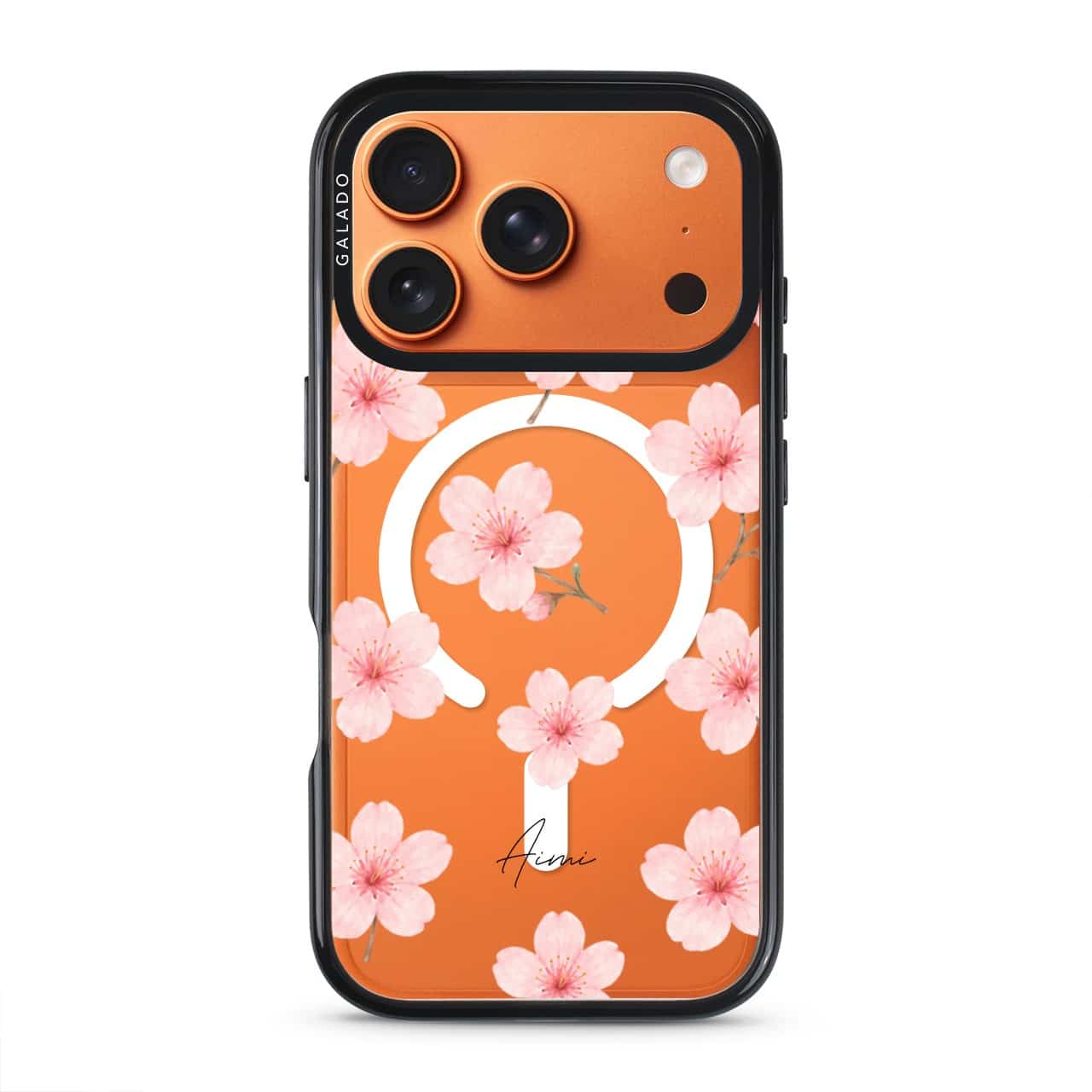 Sakura Whisper phone case, pink cherry blossoms on a clear case with a personalised script name