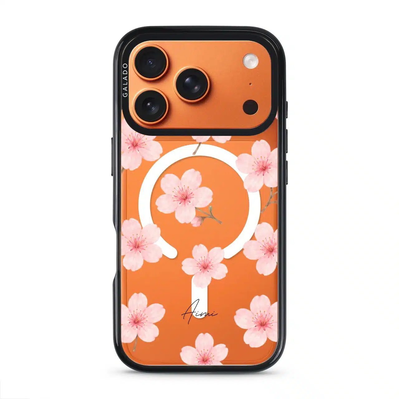 Sakura Whisper phone case, pink cherry blossoms on a clear case with a personalised script name