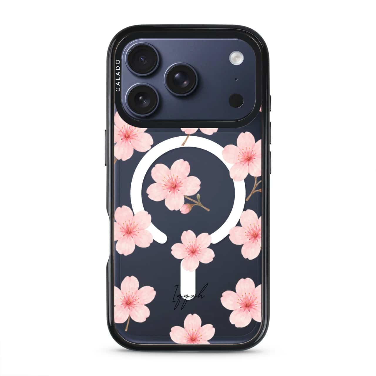 Sakura Whisper phone case, pink cherry blossoms on a clear case with a personalised script name