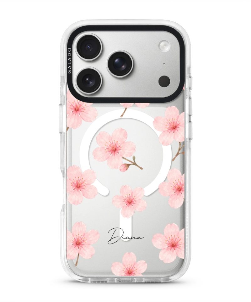 Sakura Whisper phone case, pink cherry blossoms on a clear case with a personalised script name