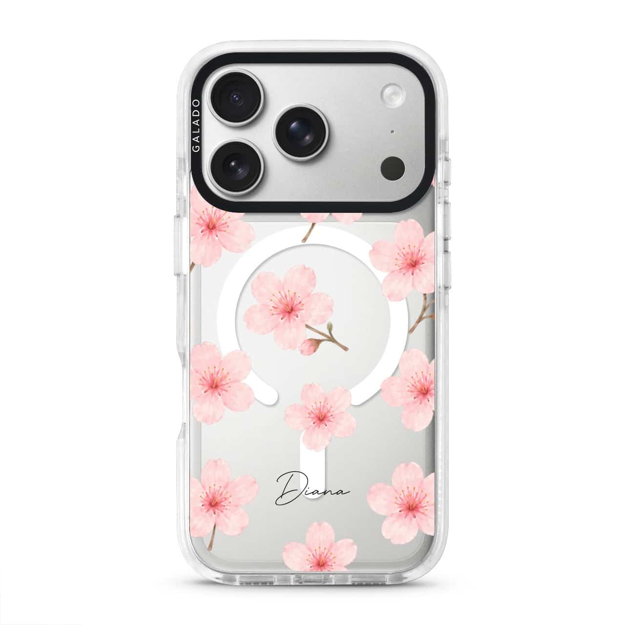 Sakura Whisper phone case, pink cherry blossoms on a clear case with a personalised script name