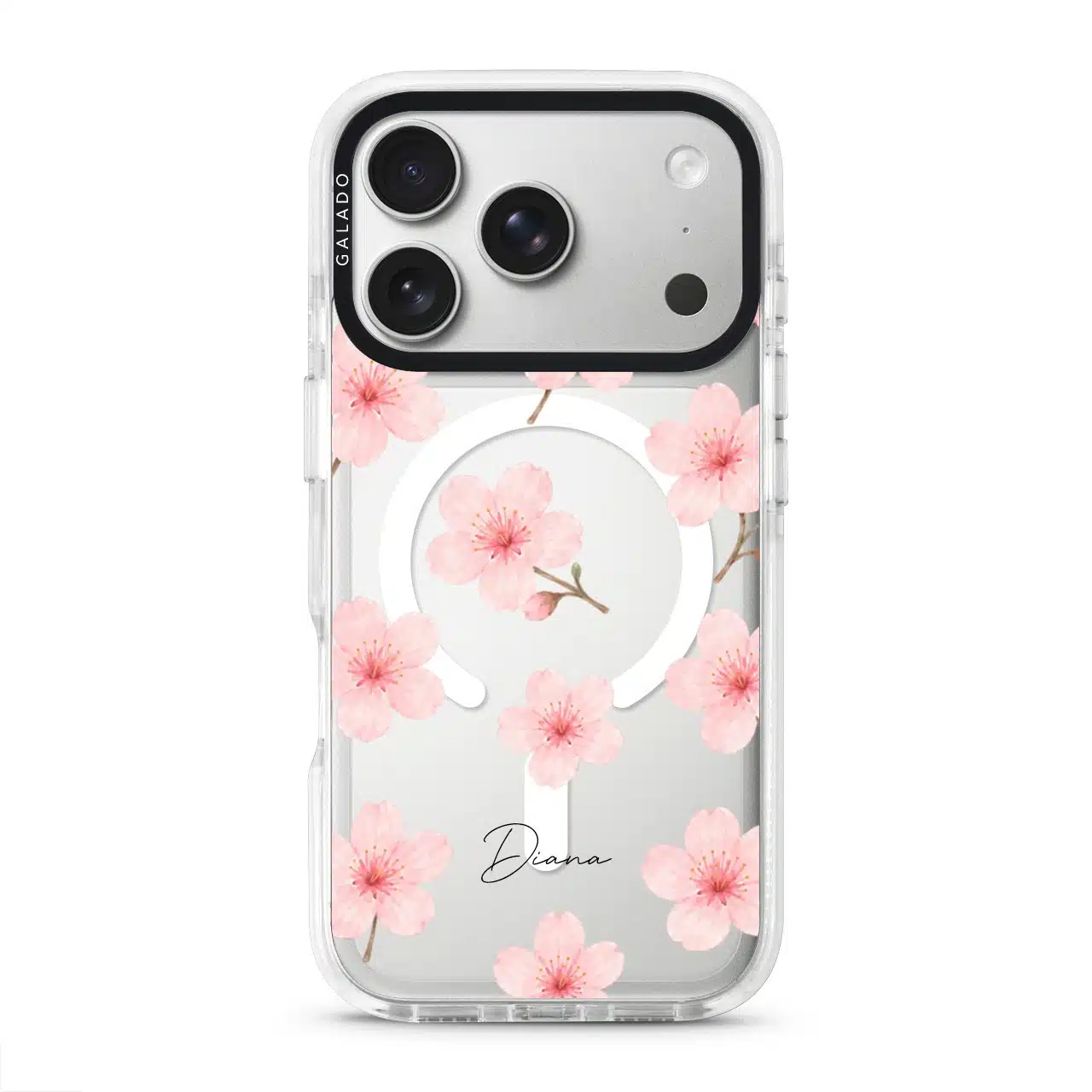 Sakura Whisper phone case, pink cherry blossoms on a clear case with a personalised script name