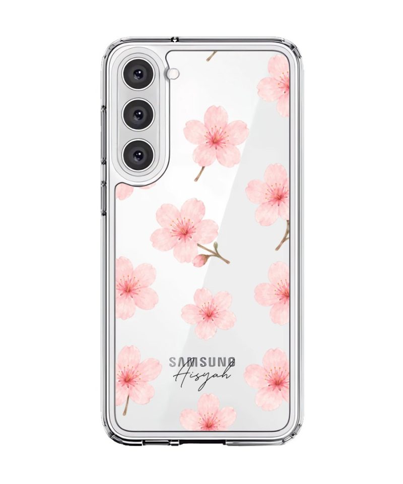 Sakura Whisper phone case, pink cherry blossoms on a clear case with a personalised script name