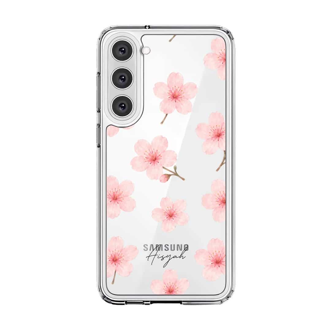 Sakura Whisper phone case, pink cherry blossoms on a clear case with a personalised script name