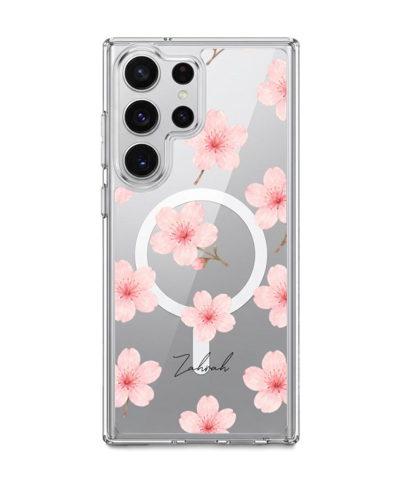 Sakura Whisper phone case, pink cherry blossoms on a clear case with a personalised script name