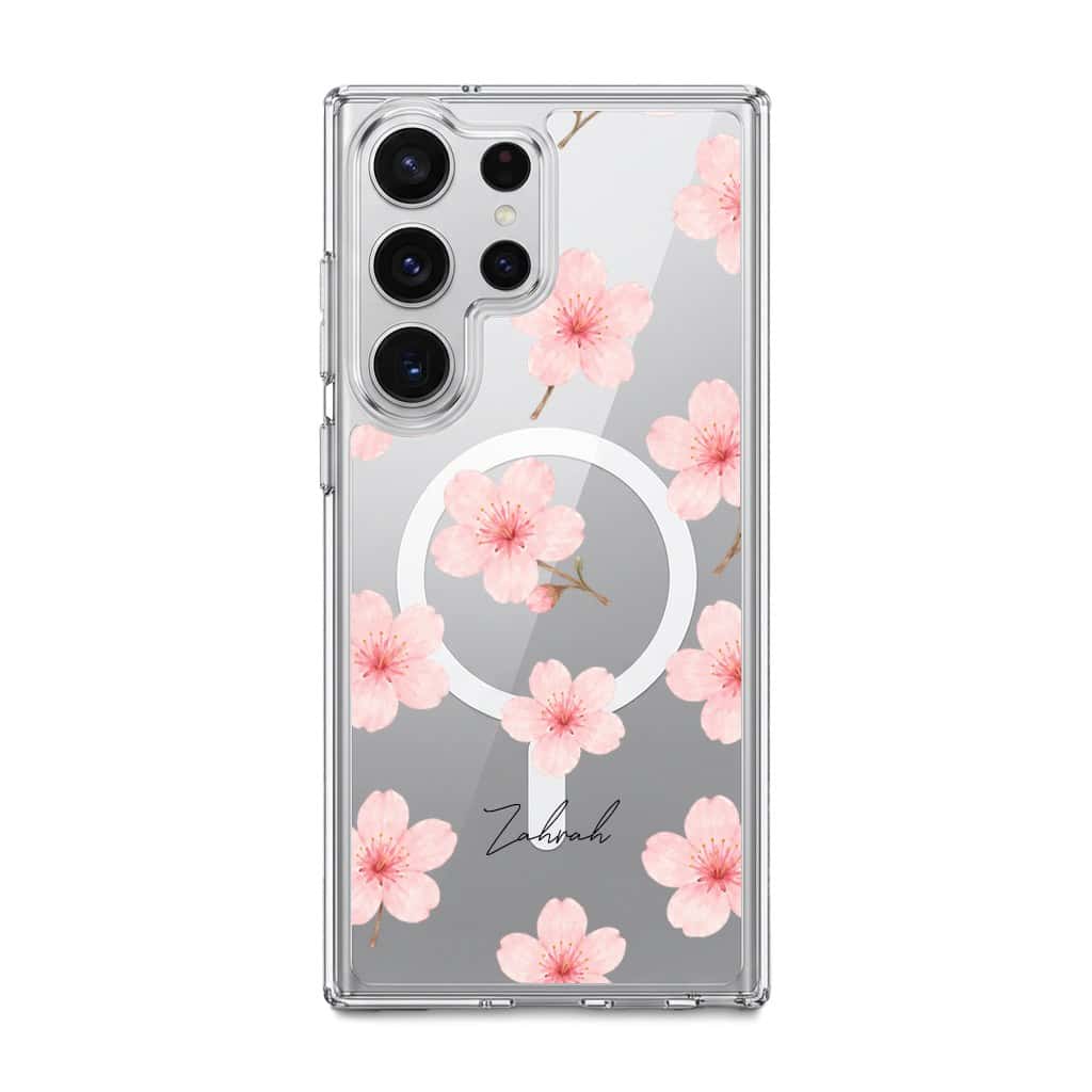 Sakura Whisper phone case, pink cherry blossoms on a clear case with a personalised script name