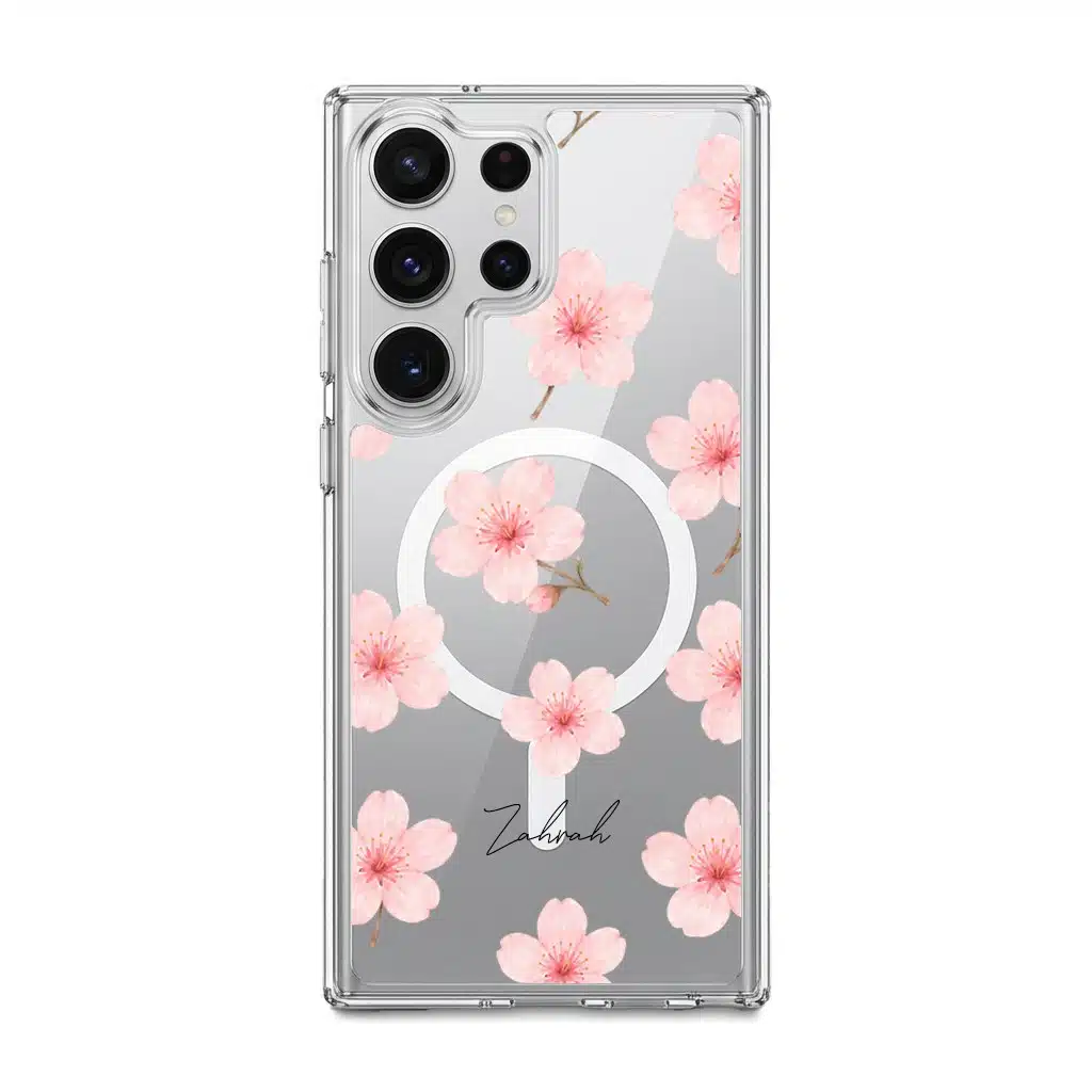 Sakura Whisper phone case, pink cherry blossoms on a clear case with a personalised script name
