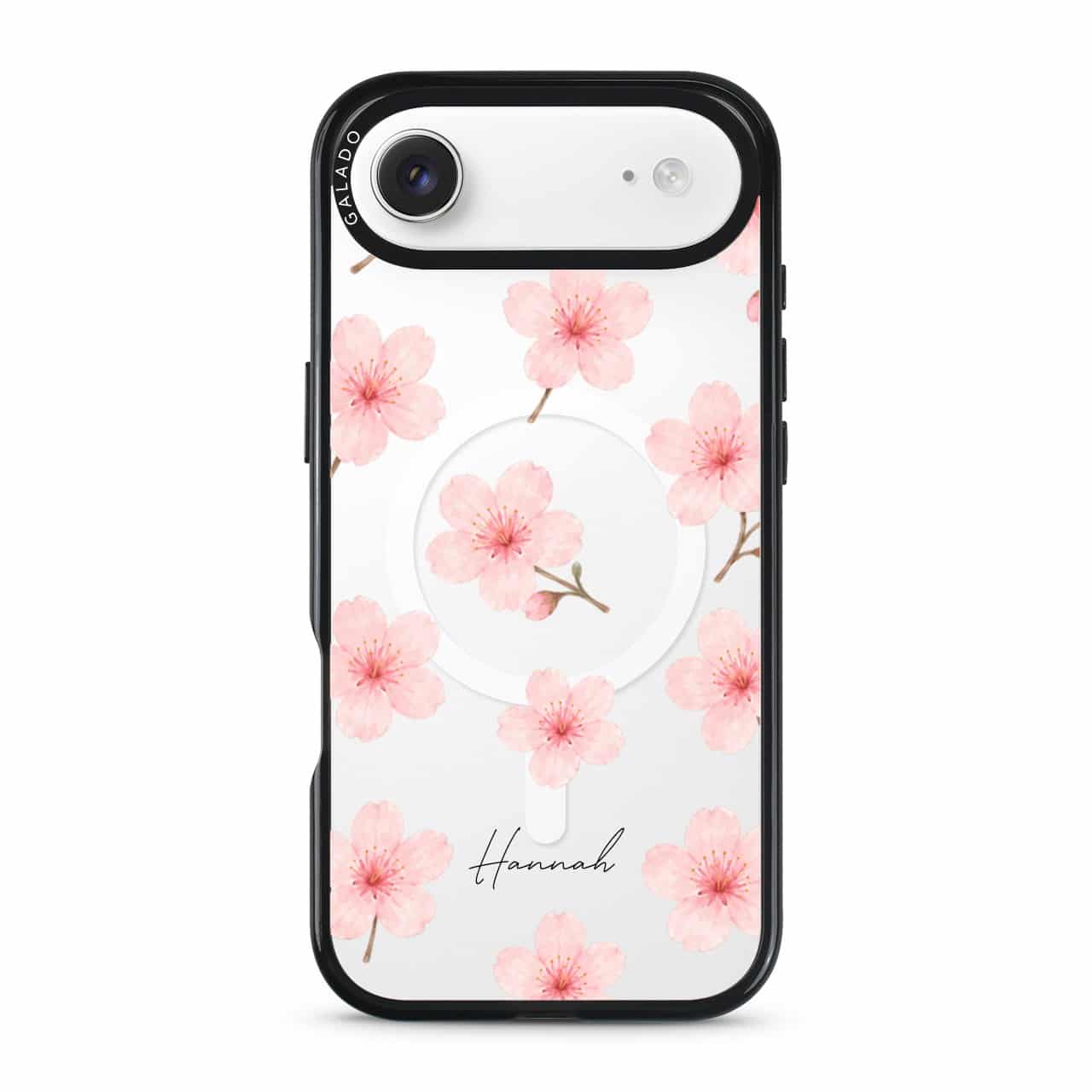 Sakura Whisper phone case, pink cherry blossoms on a clear case with a personalised script name