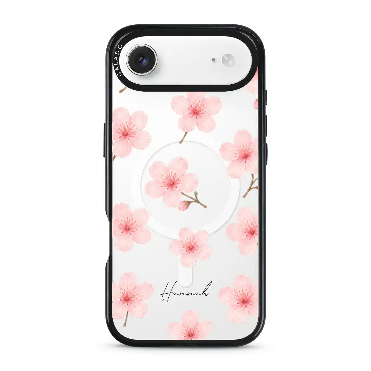 Sakura Whisper phone case, pink cherry blossoms on a clear case with a personalised script name