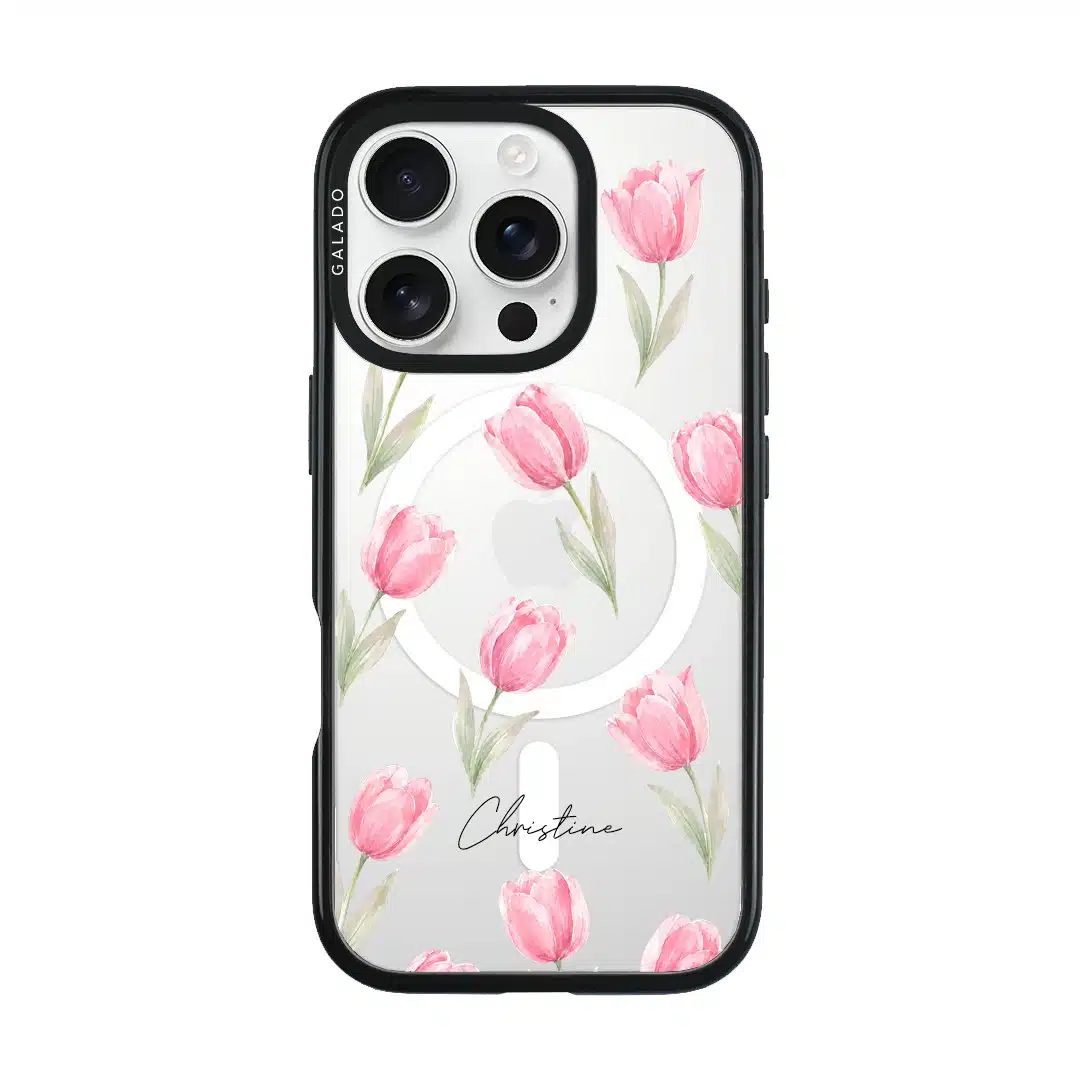 Tulip Blush phone case, pink watercolour tulips on a clear case with a personalised script name