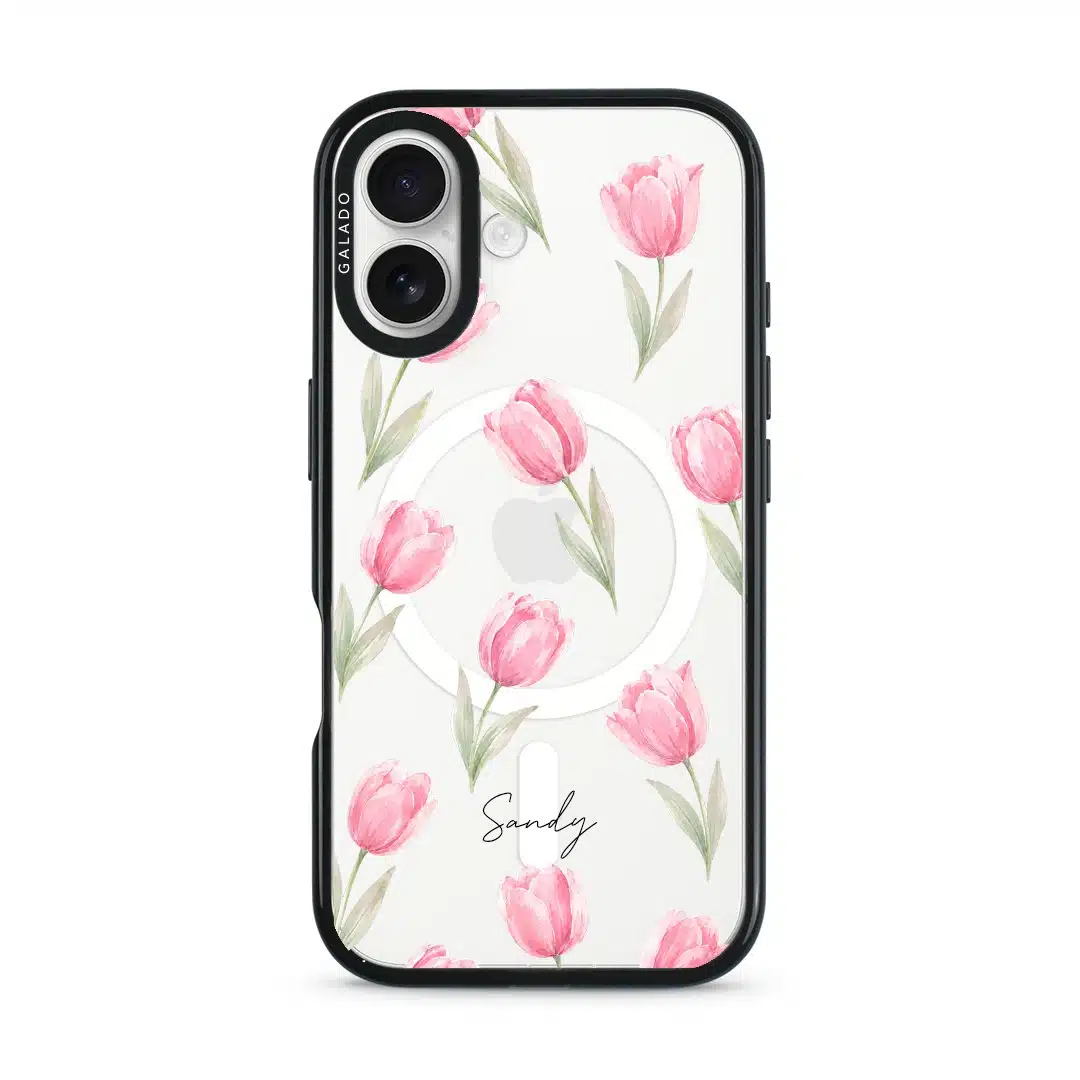 Tulip Blush phone case, pink watercolour tulips on a clear case with a personalised script name
