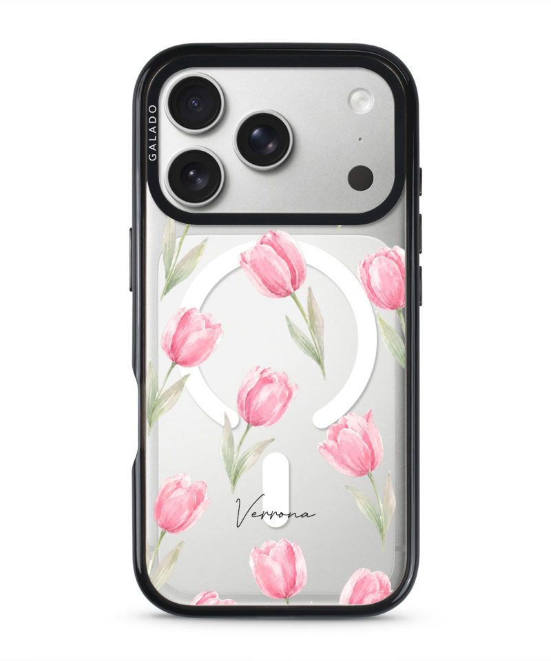 Tulip Blush phone case, pink watercolour tulips on a clear case with a personalised script name