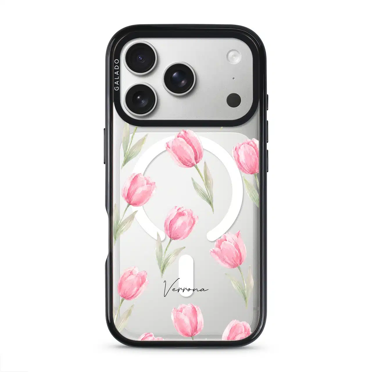 Tulip Blush phone case, pink watercolour tulips on a clear case with a personalised script name