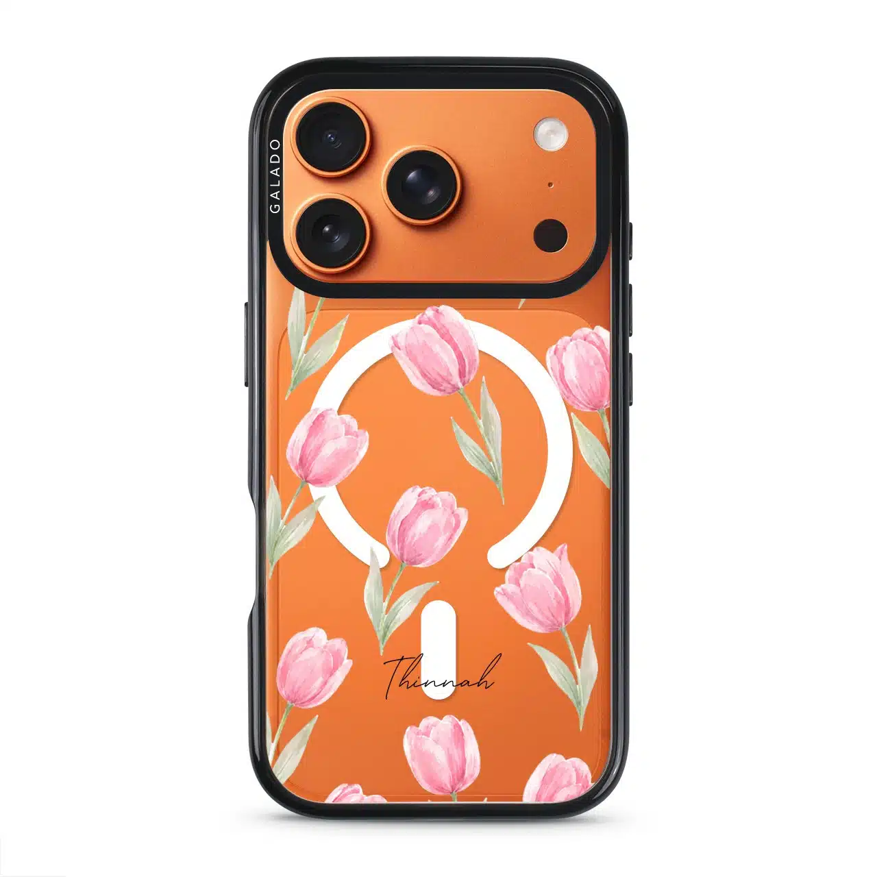 Tulip Blush phone case, pink watercolour tulips on a clear case with a personalised script name