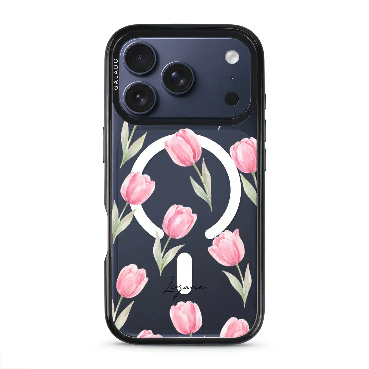 Tulip Blush phone case, pink watercolour tulips on a clear case with a personalised script name