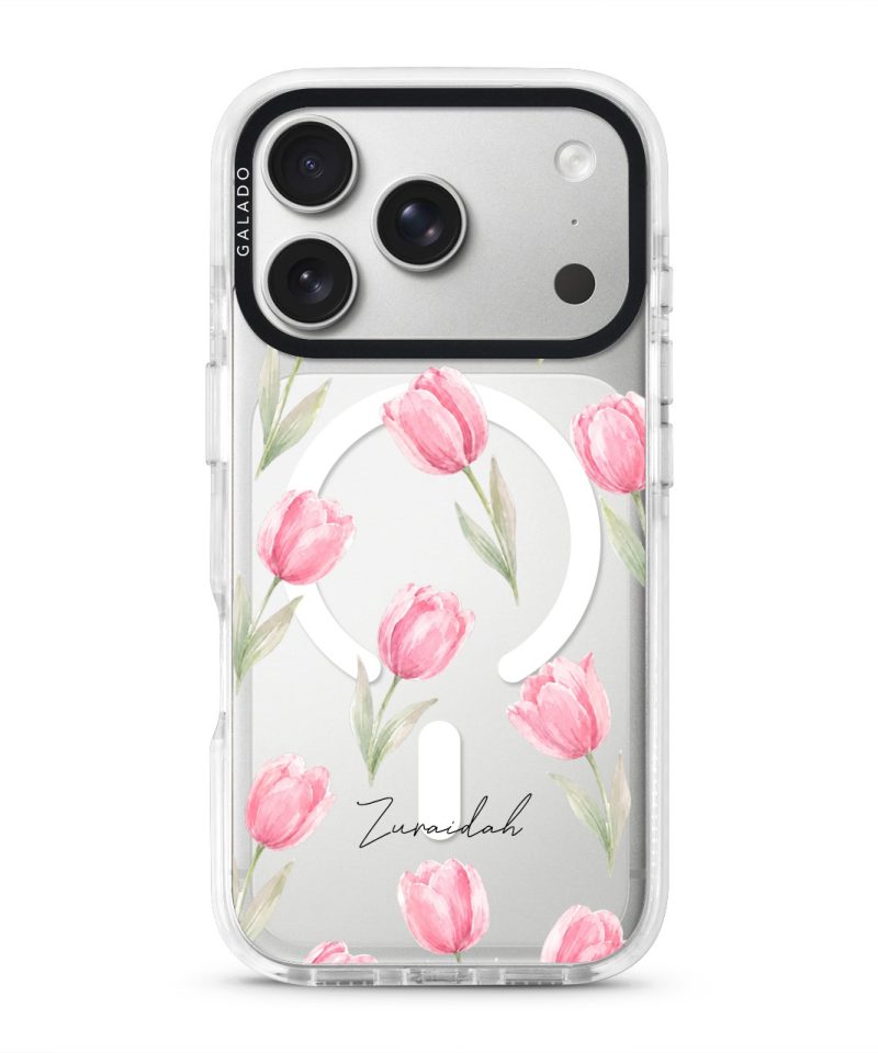 Tulip Blush phone case, pink watercolour tulips on a clear case with a personalised script name