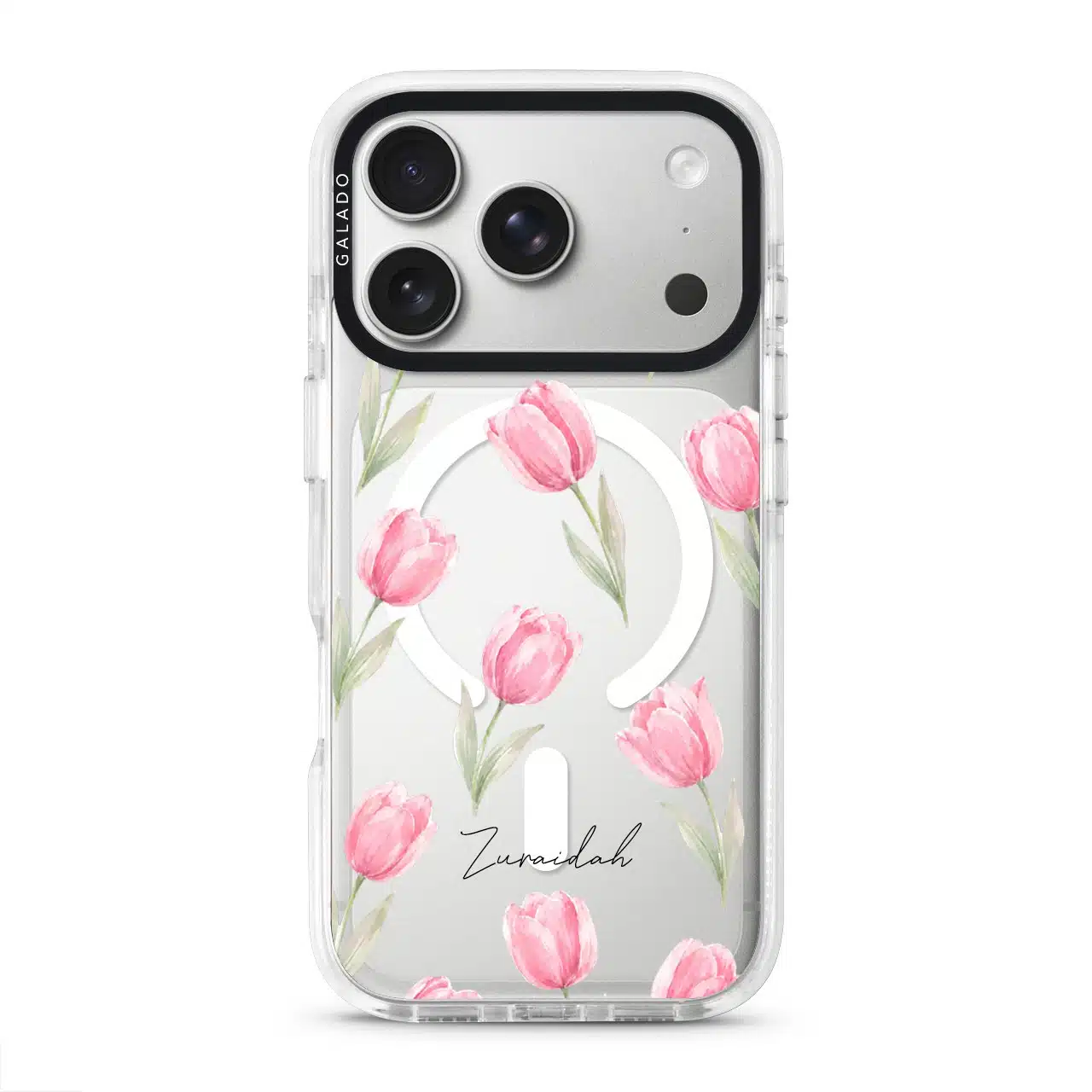 Tulip Blush phone case, pink watercolour tulips on a clear case with a personalised script name