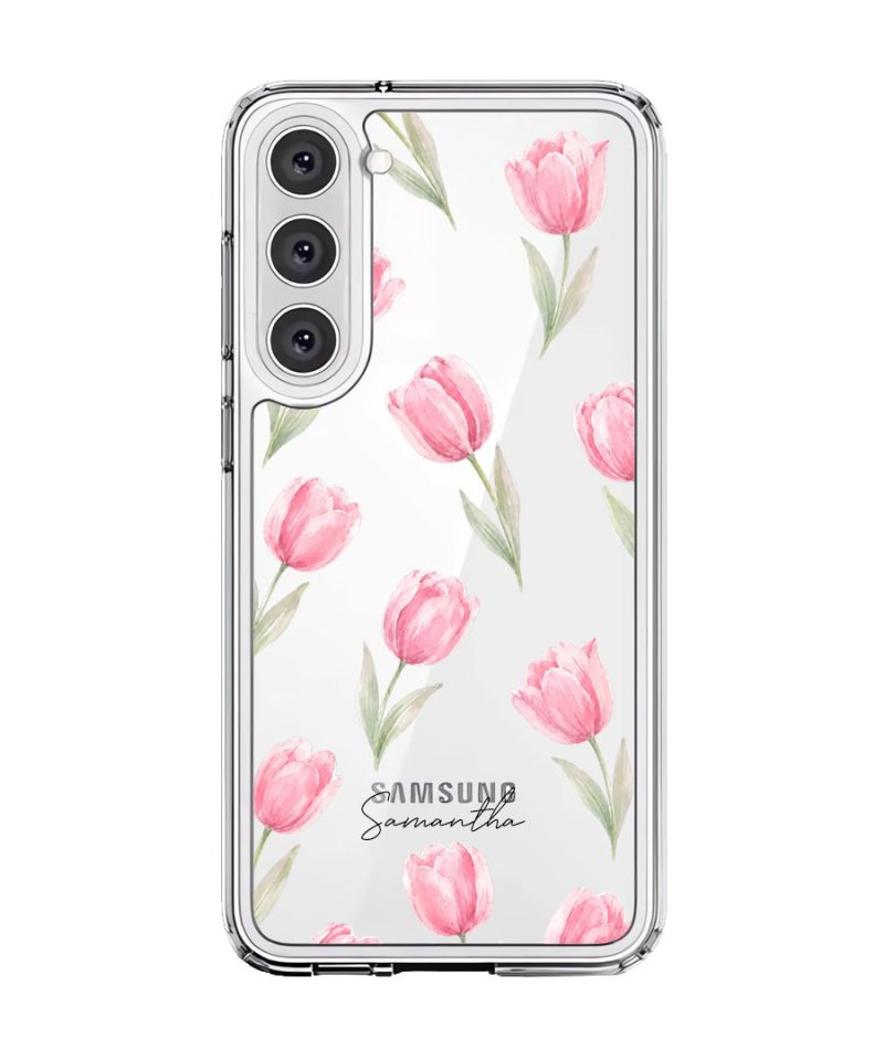 Tulip Blush phone case, pink watercolour tulips on a clear case with a personalised script name
