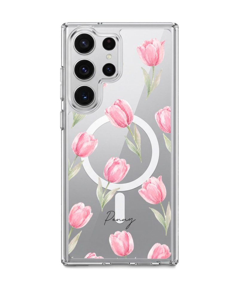 Tulip Blush phone case, pink watercolour tulips on a clear case with a personalised script name