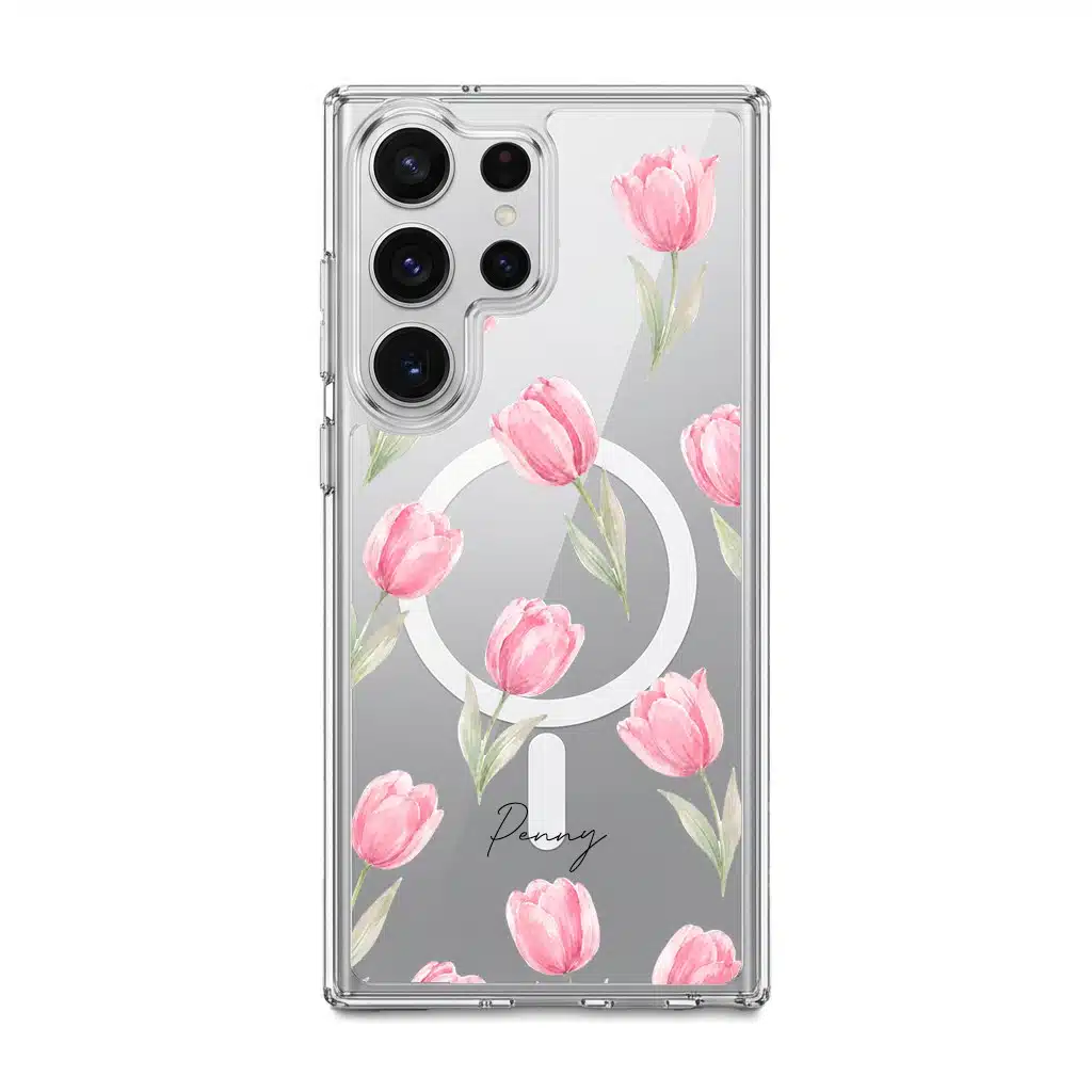 Tulip Blush phone case, pink watercolour tulips on a clear case with a personalised script name