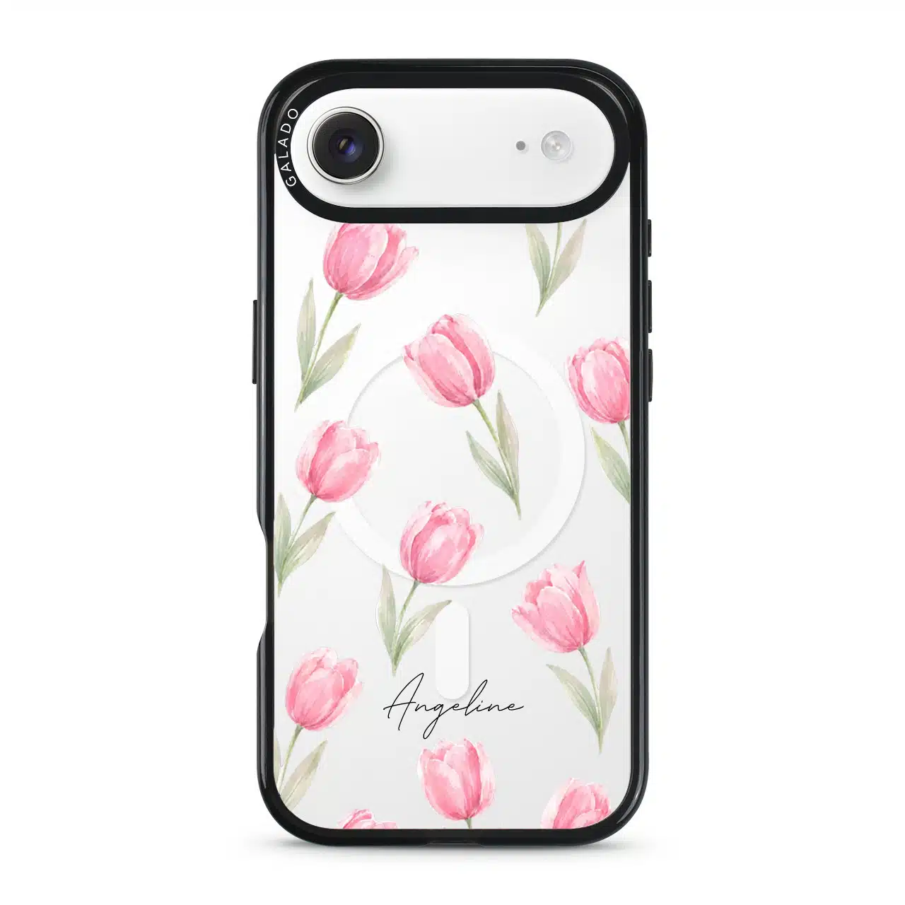 Tulip Blush phone case, pink watercolour tulips on a clear case with a personalised script name